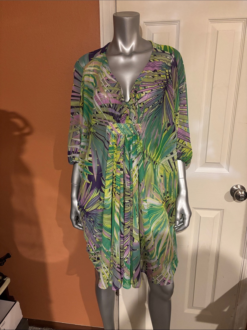 Jennifer Lopez Tropical Print V-Neck Dress in Green, Purple, Yellow